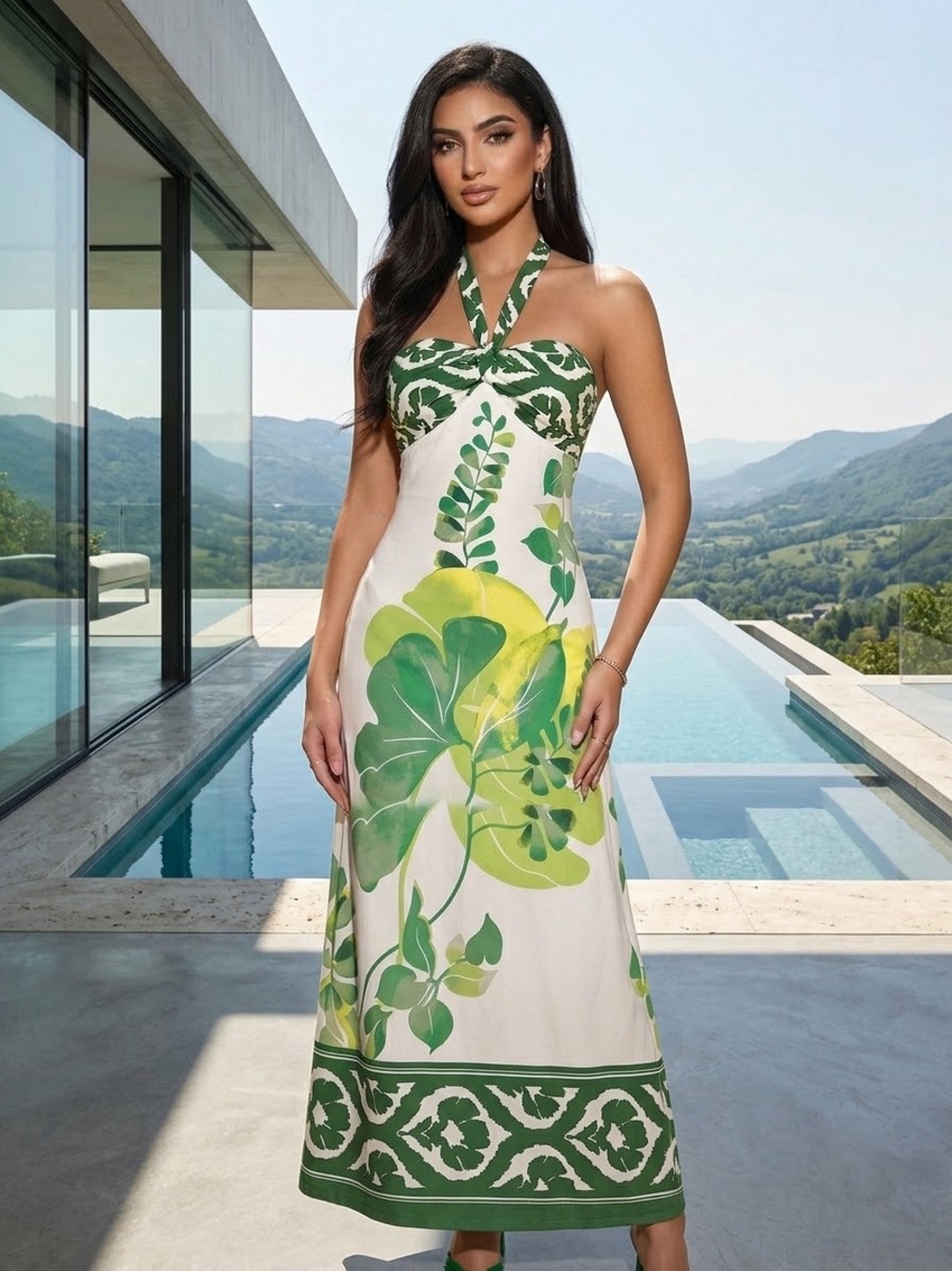 White House Black Market White Maxi Dress with Green Leaf Print